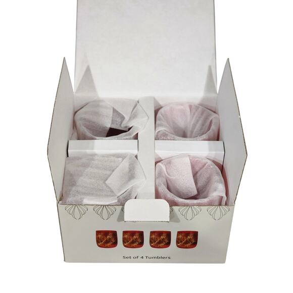 Neiman Marcus Holiday Red Gold Double Old Fashion Glass 4 Gift Box Prism Luster - Picture 14 of 16